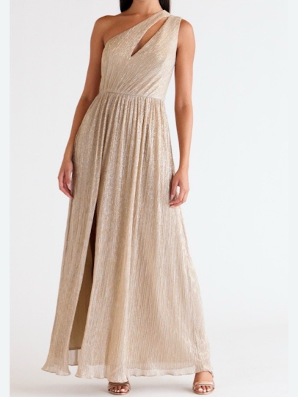 Dress the Population Champagne One-Shoulder Metallic Evening Gown